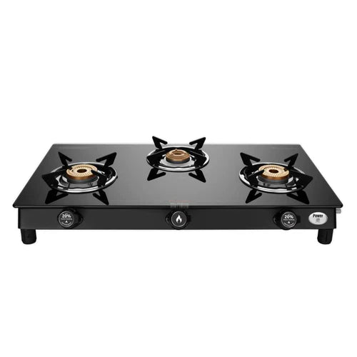 Preethi Bluflame Sparkle Power Duo 3 Burner Glass top Gas Stove with Power Burner and Swirl flame technology, saves gas and cooks faster, Manual Ignition, Black