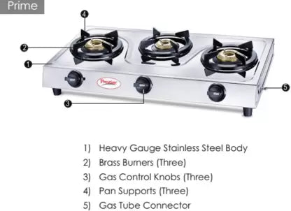 Prestige Prime SS Stainless Steel Manual Gas Stove  (3 Burners)