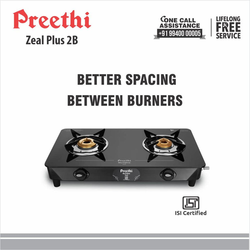 Preethi Blu Flame Zeal Plus Glass Top 2-Burner Manual Gas Stove (Black)
