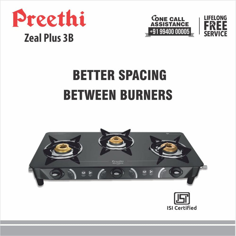 Preethi Blu Flame Zeal Plus Glass Top 3-Burner Manual Gas Stove (Black)