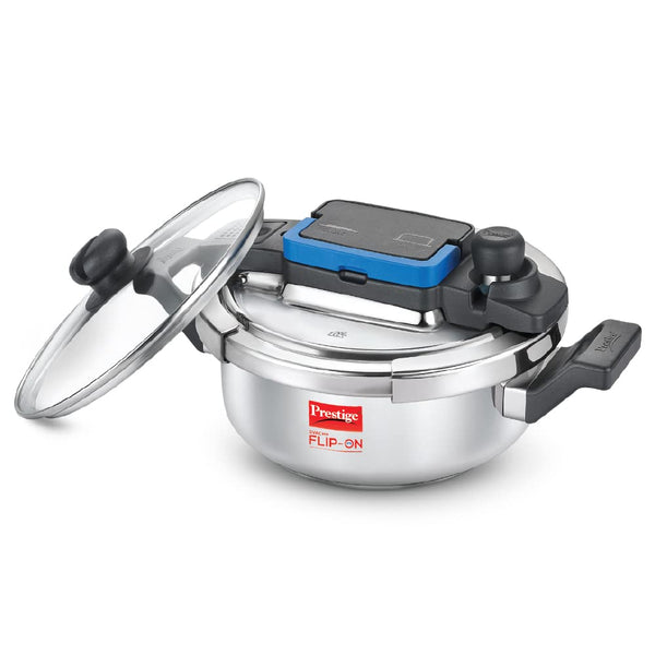 Prestige 3L Svachh FLIP-ON Stainless Steel Pressure Cooker with glass lid|Innovative lock lid with spillage control|Gas & Induction compatible
