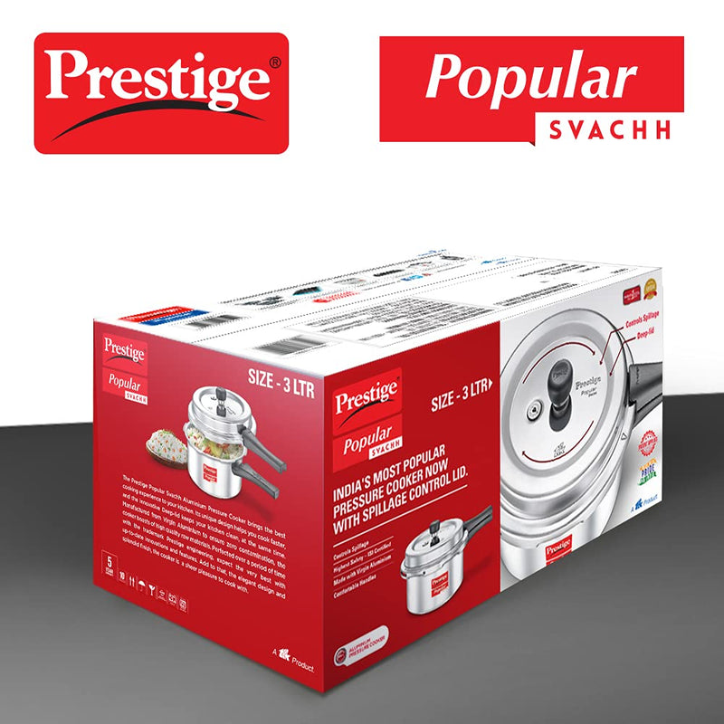 Prestige Popular Svachh Virgin Aluminium Spillage Control Outer Lid Pressure Cooker, 3 L (Silver)