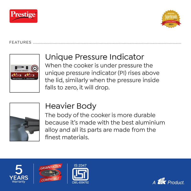 Prestige Deluxe Plus Hard Anodized Aluminium Junior Handi Pressure Cooker, 5 L Outer Lid Pressure Cooker - Black, 5 Liter