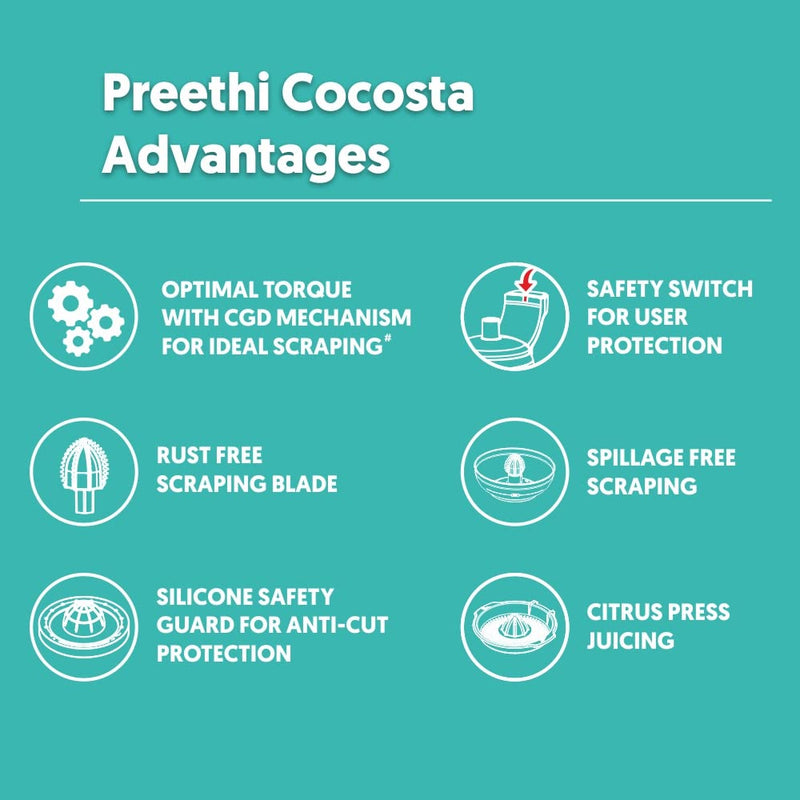 Preethi Cocosta Kp001 Coconut Scraper&Citrus Juicer,100% Safe Dual Protection Scraper With Safety Switch&Silicon Cap