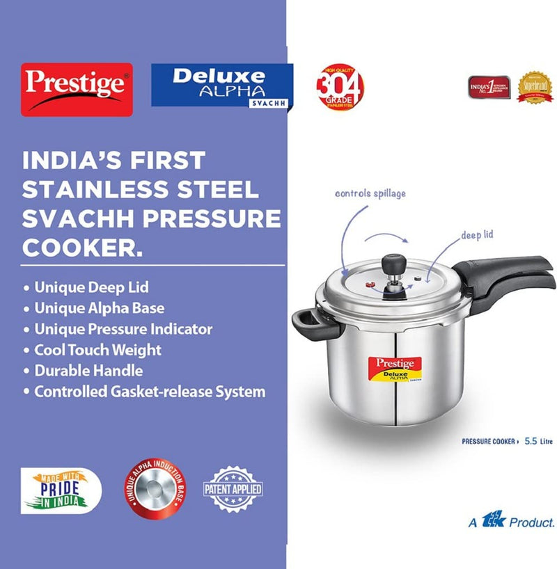 Prestige 5.5 Litres Svachh Deluxe Alpha Induction Base Outer Lid Stainless Steel Pressure Cooker | Deep lid controls spillage |Silver | Anti-Bulge Base | Sturdy Handles | Pressure Indicator