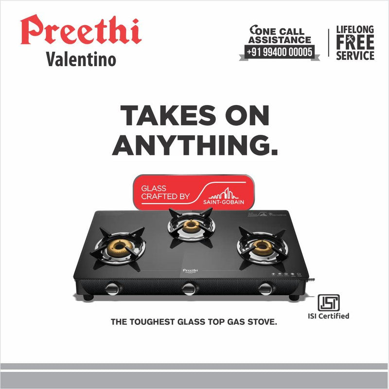 Preethi Valentino Glass top 3 Burner Gas Stove, Manual Ignition, Black