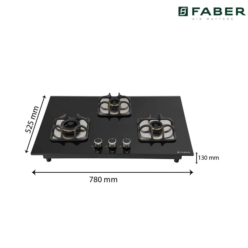 Faber Mild Steel Hobtop Imperia Plus 783 BRB Ci Bk 3 Brass Burner Auto Electric Ignition Glass Top (Black)
