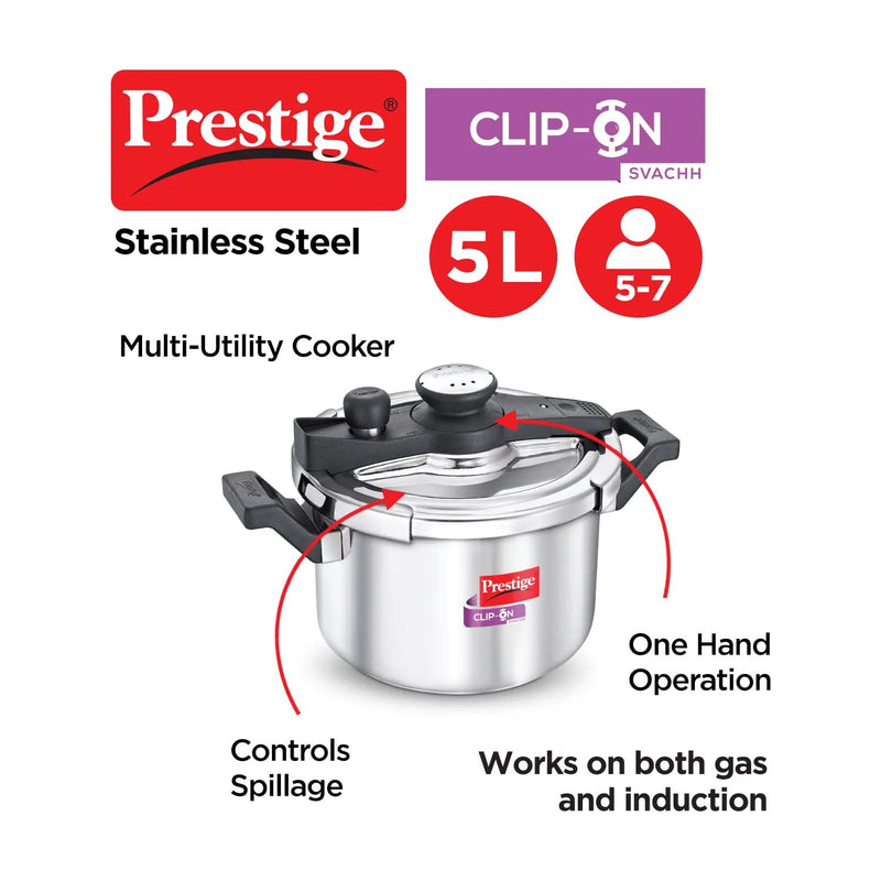 Prestige 5 Litres Svachh Clip-on Induction Base Outer Lid Stainless Steel Pressure cooker | Easy to Open lid | Deep Lid controls spillage
