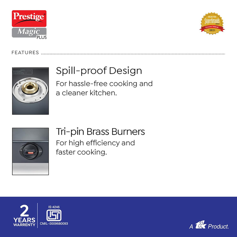 Prestige Magic plus Toughened Glass-Top 3 Brass Burner LPG Gas Stove(GTMP-03) | Black Spill Proof Design | Ergonomic Knob | Tri-Pin Burner