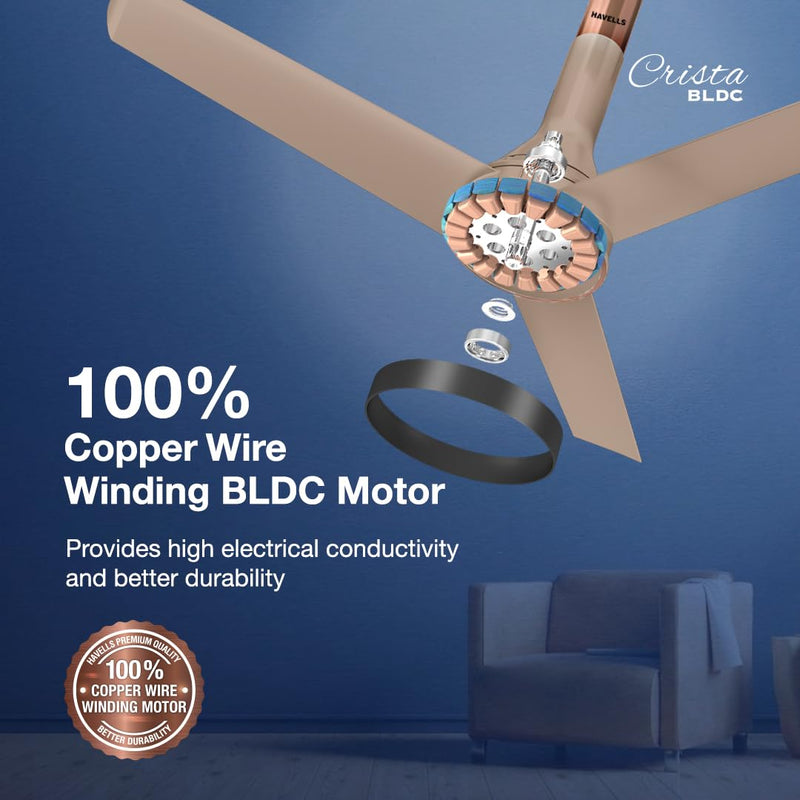 Havells Crista Bldc 1200Mm Premium Ceiling Fan With 100% Pure Copper|5 stars|Watt: 40|Air Flow: 255 Cmm|Speed: 300 Rpm|55 Db|(Champagne Cola)