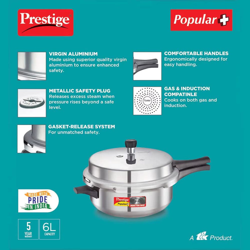 Prestige Popular Plus Induction Base Senior Deep Pan, 6 Liters, Silver, Aluminium, Outer Lid