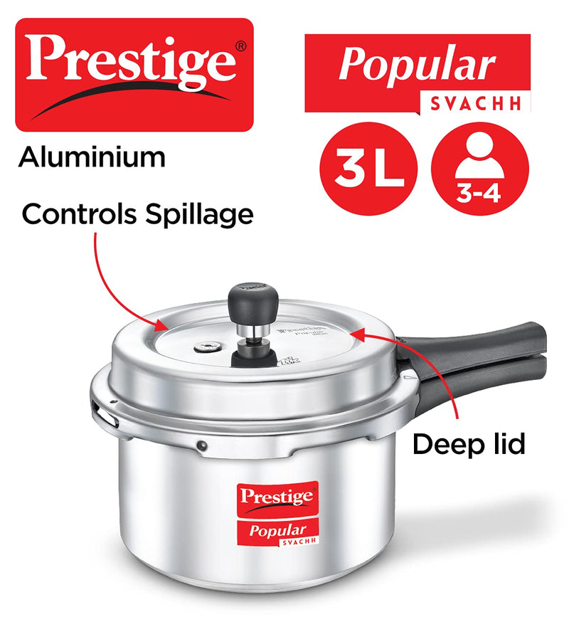 Prestige Popular Svachh Virgin Aluminium Spillage Control Outer Lid Pressure Cooker, 3 L (Silver)