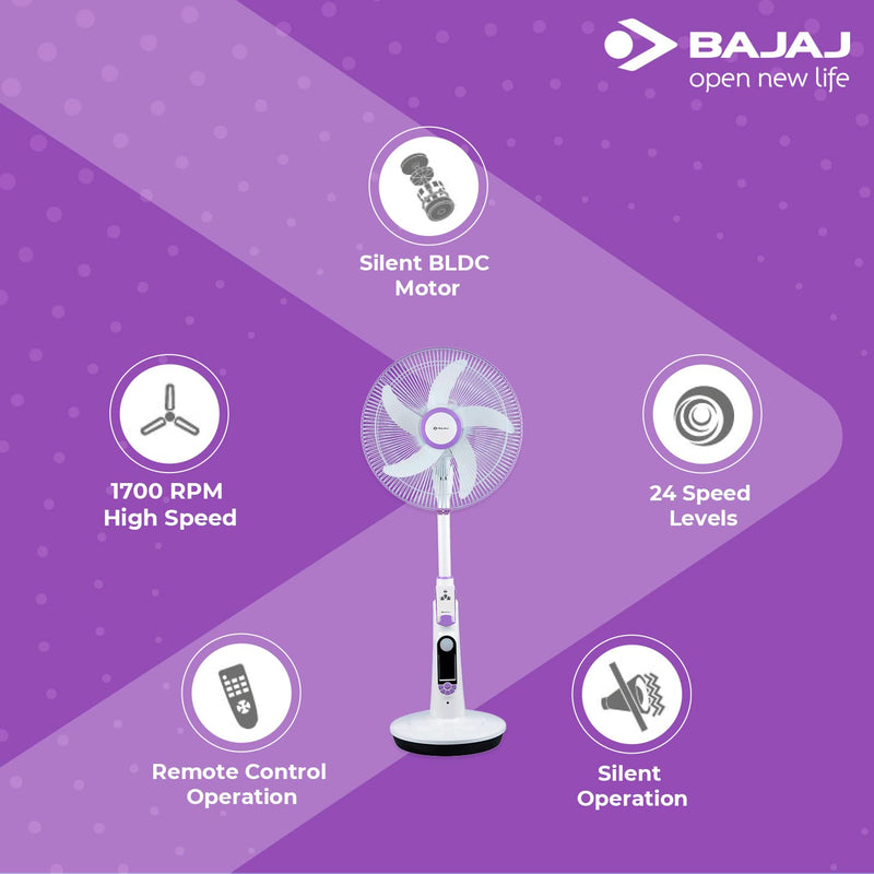 Bajaj Nuvo 400 mm Plum Purple Table Cum Pedestal Fan with BLDC Motor and Remote Control Operation, Regular