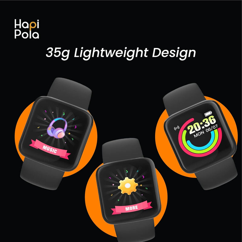 HAPI POLA D20 Stylish Smartwatch for Men and Women, Incoming Call, SMS and Alarm, Smart Watch for Kids, Find Phone, Sleep Monitor, 20+ Sports, Health Control (Black)