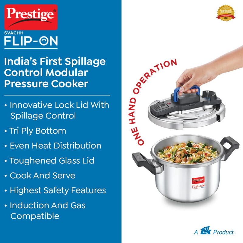 Prestige 5L Svachh FLIP-ON Stainless Steel Tri-ply bottom Pressure Cooker with glass lid|Innovative lock lid with spillage control|Gas & Induction compatible