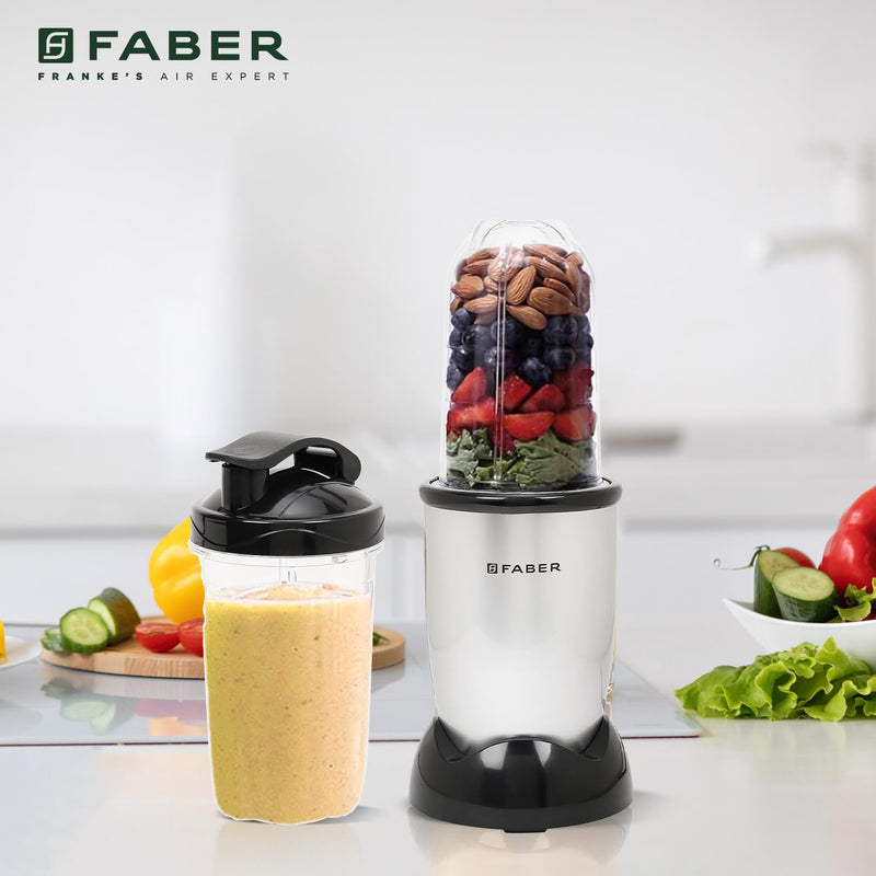 Faber 2-in-1 Sportz Blender | Liquidizing & Grinding (Wet & Dry) | ABS Body, SS Blades, 400W Copper Motor, Overheat Protector, Push & Lock Control | 2 PC Jars, Multipurpose Lids