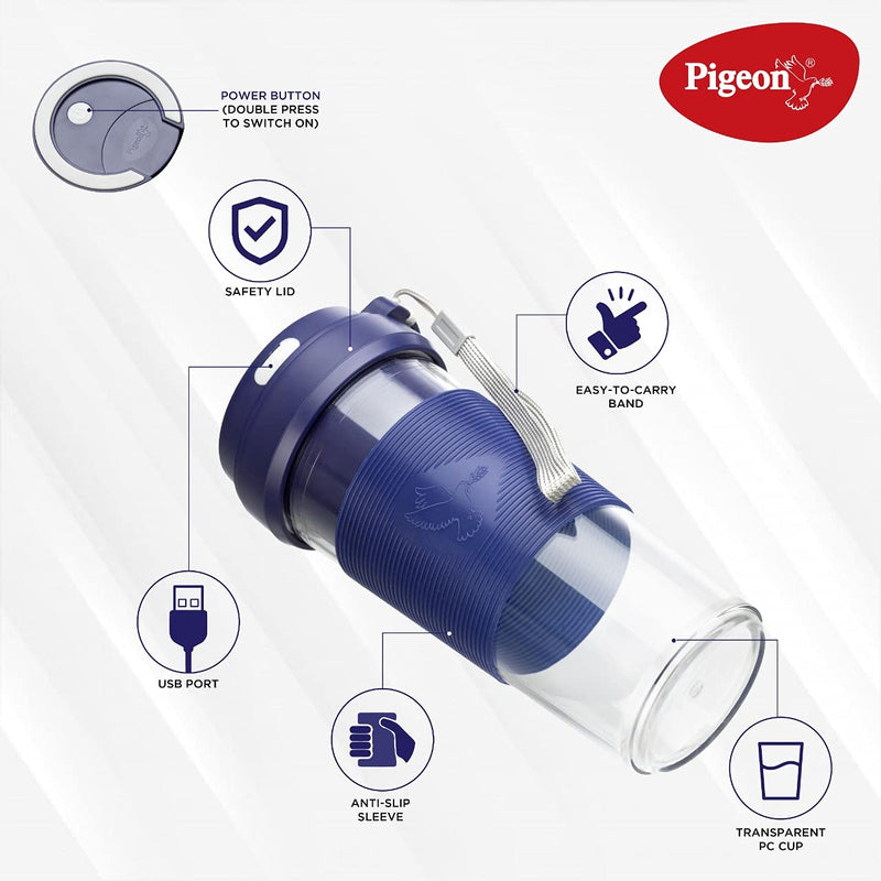 Pigeon Blendo USB Rechargeable Personal Blender for Smoothies, Shakes with Juicer Cup Jar, 330 ml, Blue, Medium