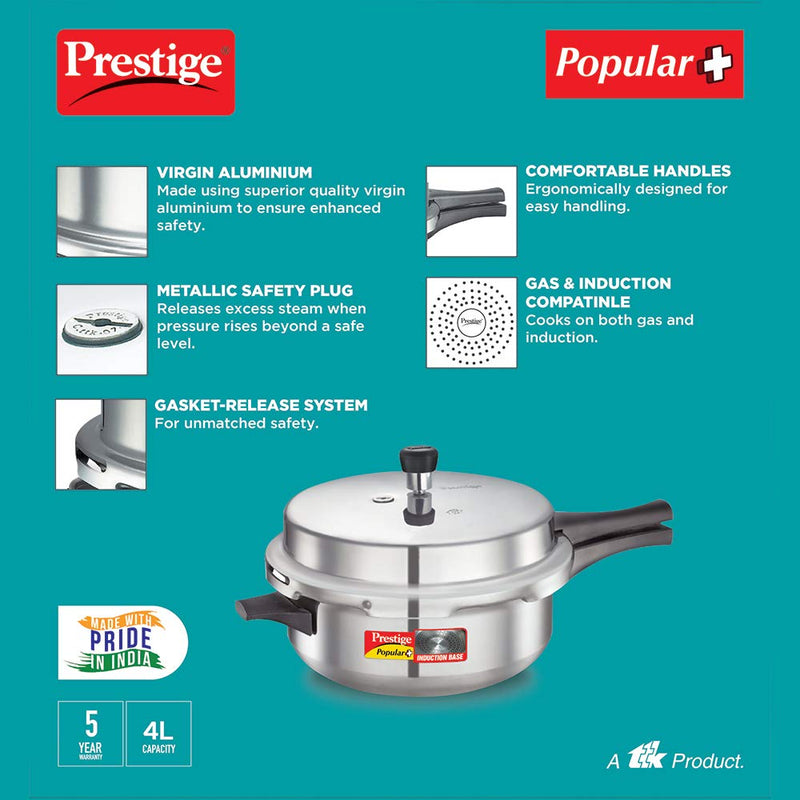 Prestige Popular Plus Induction Base Junior Deep Pan, Aluminium Outer Lid Pressure cooker, 4.1 litres, Silver