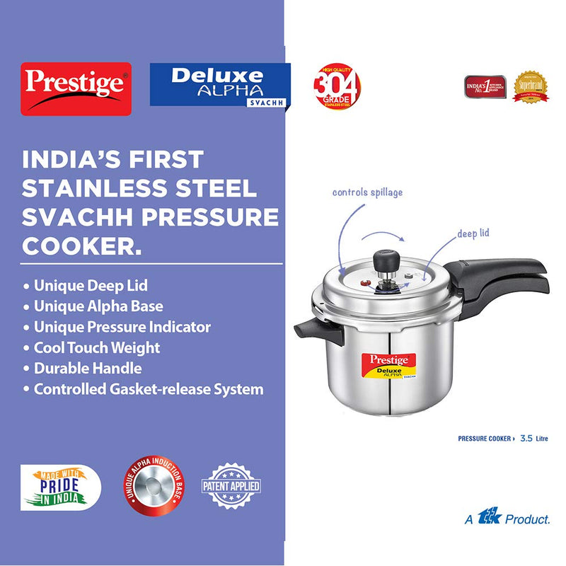 Prestige Svachh Deluxe Alpha Induction Base Outer Lid Stainless Steel Pressure Cooker | Deep Lid controls spillage | 3.5 Litres | Silver | Pressure Indicator | Straight Wall | Gasket-Release System