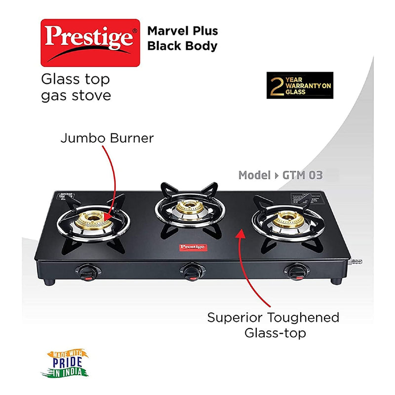 Prestige Marvel Plus 3 burner Glass top, GTM 03, Black, Manual Ignition