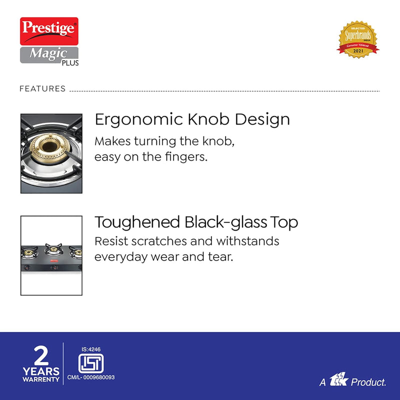 Prestige Magic plus Toughened Glass-Top 3 Brass Burner LPG Gas Stove(GTMP-03) | Black Spill Proof Design | Ergonomic Knob | Tri-Pin Burner