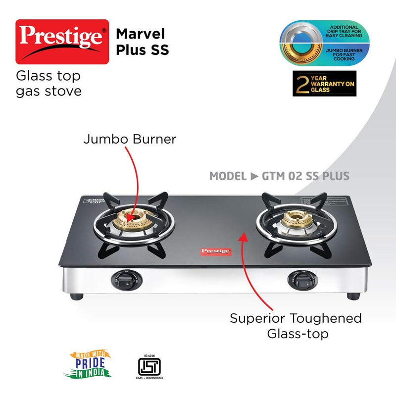 Prestige Marvel Plus Stainless Steel 2 Brass Burner Manual Glass Top Gas Stove