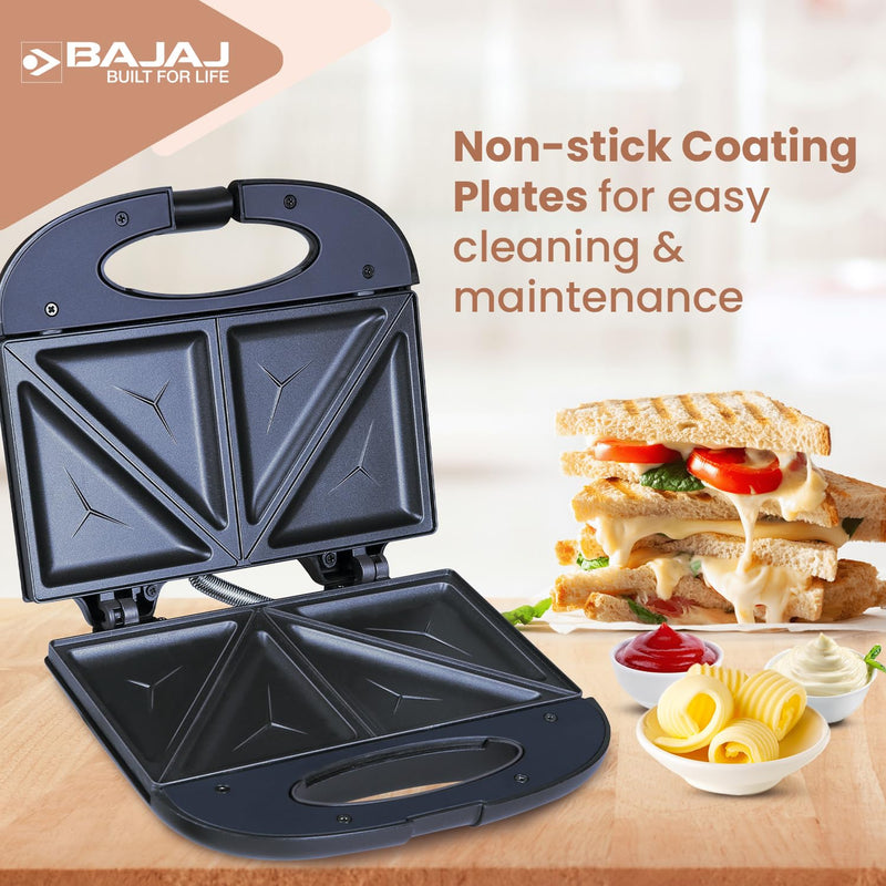 Bajaj SWX 3 Deluxe 800W 2-Slice Sandwich Toaster with Toast Plates | Non-Stick Coated Plates