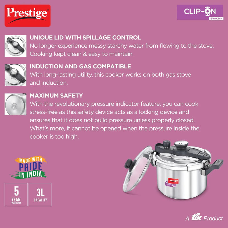 Prestige 5 Litres Svachh Clip-on Induction Base Outer Lid Stainless Steel Pressure cooker | Easy to Open lid | Deep Lid controls spillage