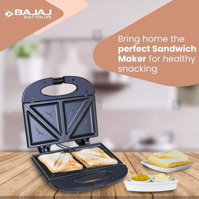 Bajaj SWX 3 Deluxe 800W 2-Slice Sandwich Toaster with Toast Plates | Non-Stick Coated Plates