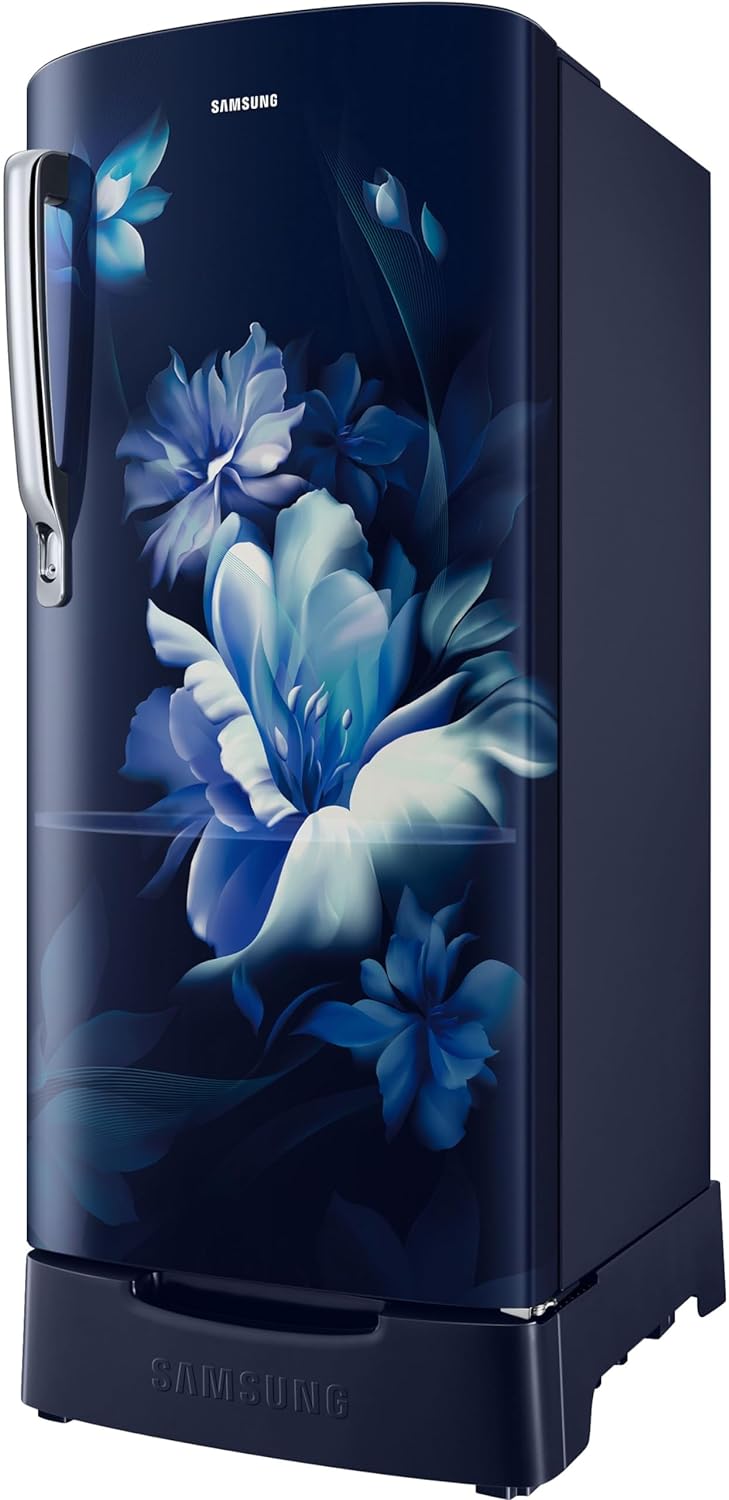 Samsung 183 L, 3 Star, Digital Inverter, Direct-Cool Single Door Refrigerator (RR20D1823UZ/HL, Midnight Blossom Blue, Base Stand Drawer)