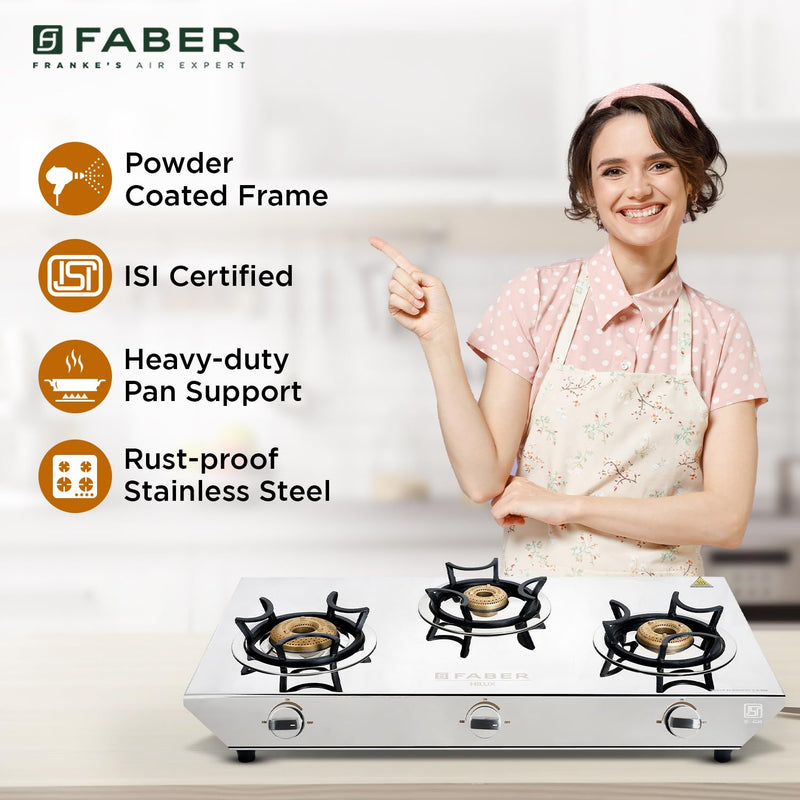Faber high efficiency 3 Brass Burner with stainless steel top, ISI Certified gas stove, Manual Ignition, For LPG use only (Cooktop Hilux Max 3BB SS)