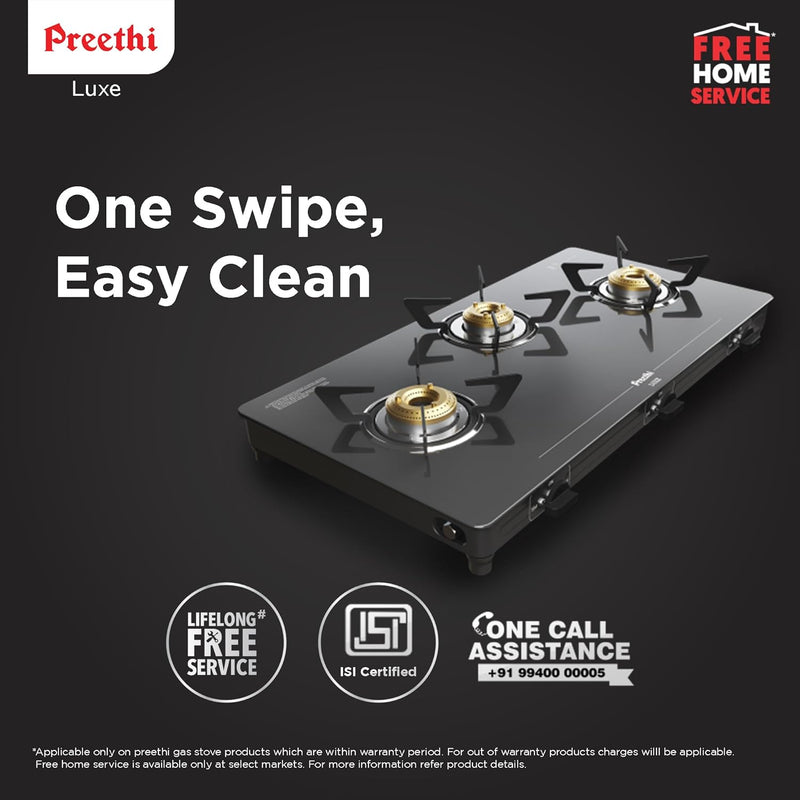 Preethi Luxe 3 Burner Glass Top Gas Stove With Driptray Less Infinity Design, 5 Year Warranty on Glass & Burner, Manual Design, Black