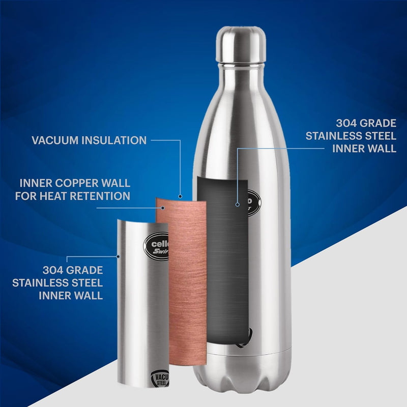 Cello Swift Stainless Steel Vacuum Insulated Flask | Hot and Cold Water Bottle with Screw lid