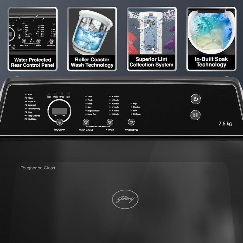Godrej 7.5 Kg 5 Star Zero Pressure Technology Fully-Automatic Top Load Washing Machine (WTEON VLVT 75 5.0 FDTN MTBK, Metallic Black, With 26 Flexi Wash Programs)