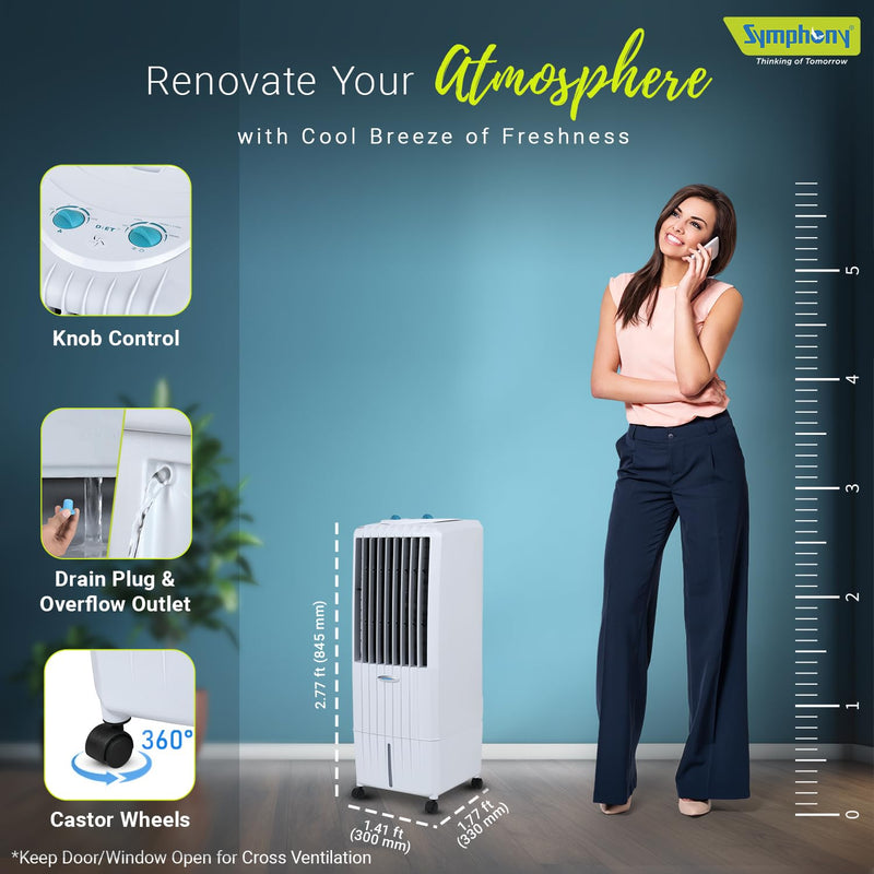 Symphony Diet 12T Personal Tower Air Cooler for Home with Honeycomb Pad, Powerful Blower, i-Pure Technology and Low Power Consumption (12L, White)