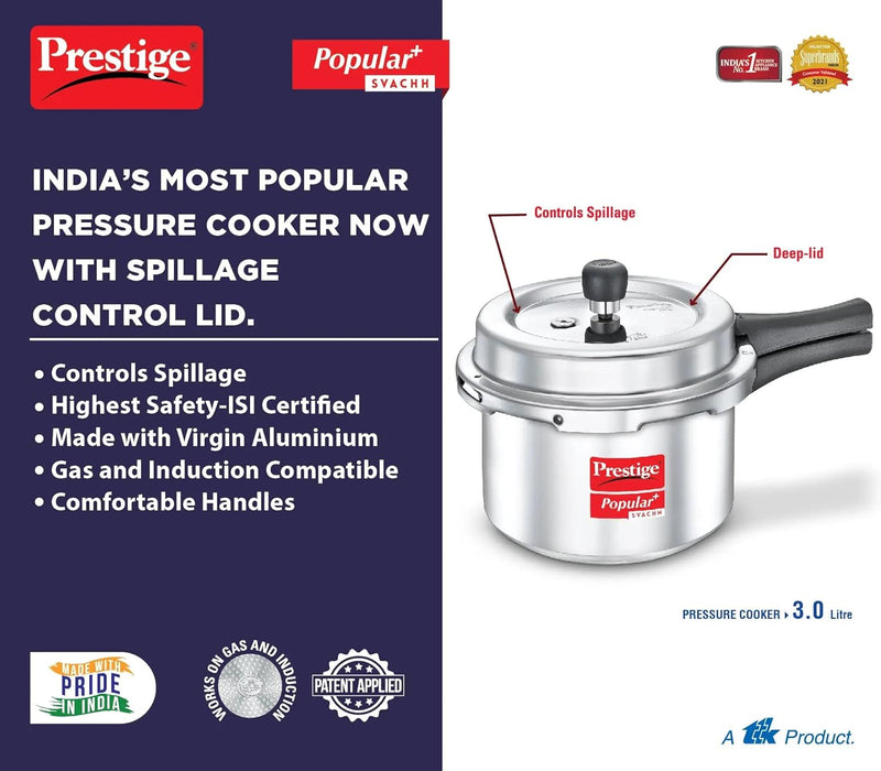 Prestige Popular Plus Svachh Virgin Aluminium Gas and Induction Compatible Outer Lid Pressure Cooker, 3 L (Silver)