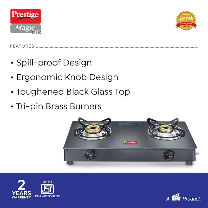 Prestige Magic plus Toughened Glass-Top 2 Brass Burner LPG Gas Stove(GTMP-02)