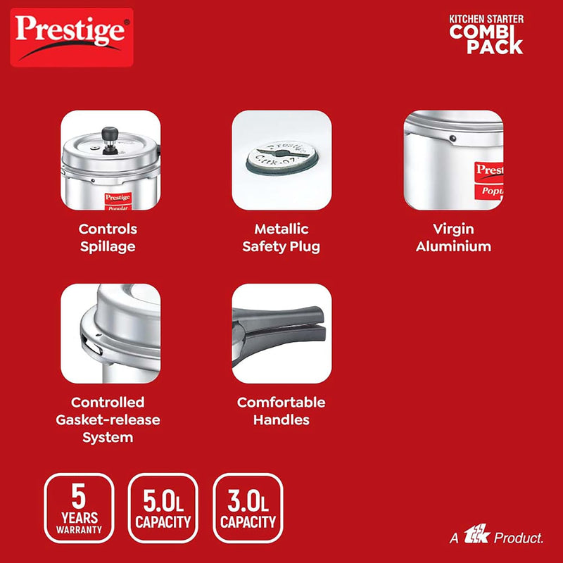 Prestige Popular Svachh Combi Pack Aluminium Pressure Cooker 5L And 3L(Silver, Controls Spillage