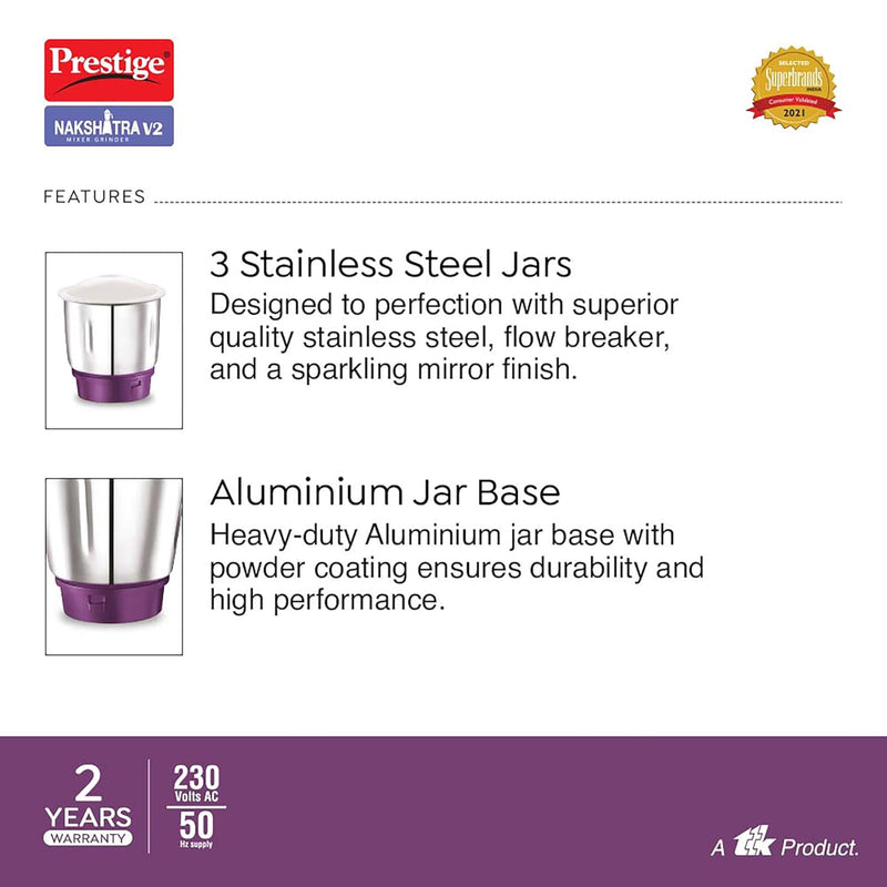 Prestige Nakshatra V2 550W Mixer Grinder with 3 Stainless Steel Jars(Purple, Dome Lid, Aluminium Jar Base)