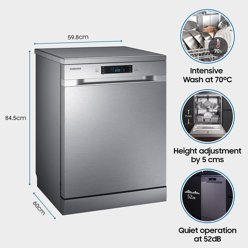Samsung 13 Place Setting Freestanding Dishwasher with Intensive Wash (DW60M5043FS/TL, Ice blue, Stainless Steel Tub, Hygiene Clean, Height Adjustable Rack)