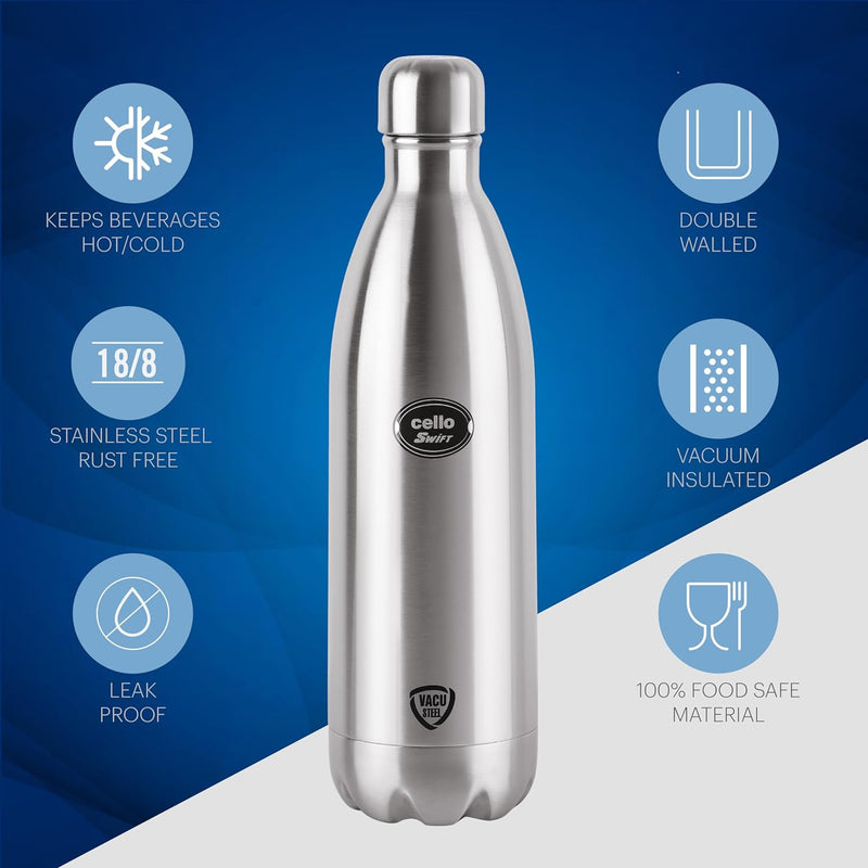 Cello Swift Stainless Steel Vacuum Insulated Flask | Hot and Cold Water Bottle with Screw lid
