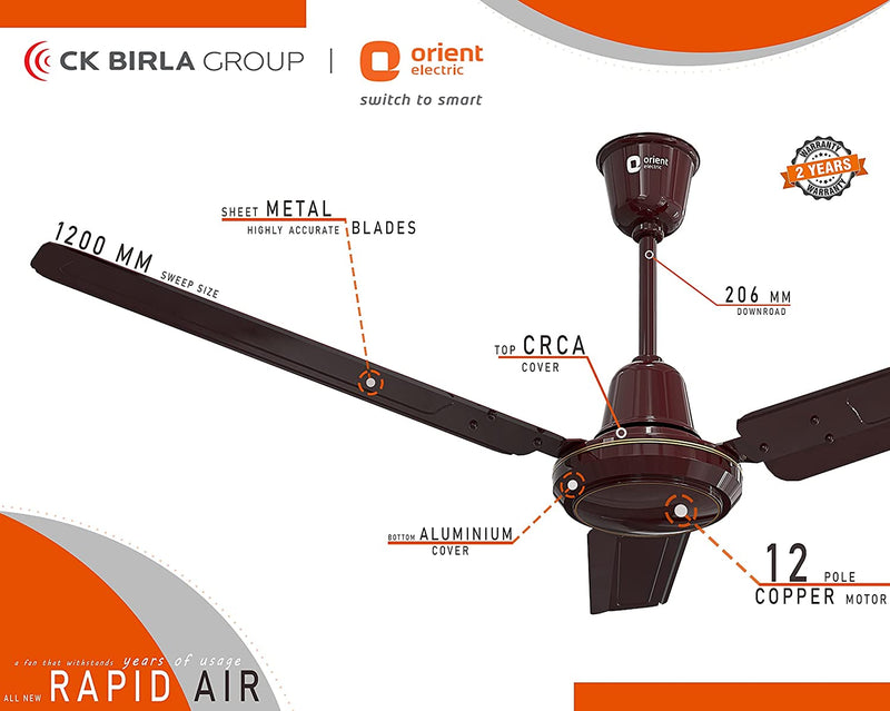 Orient Electric Rapid Air High Speed Ceiling Fan (1200mm,Brown)