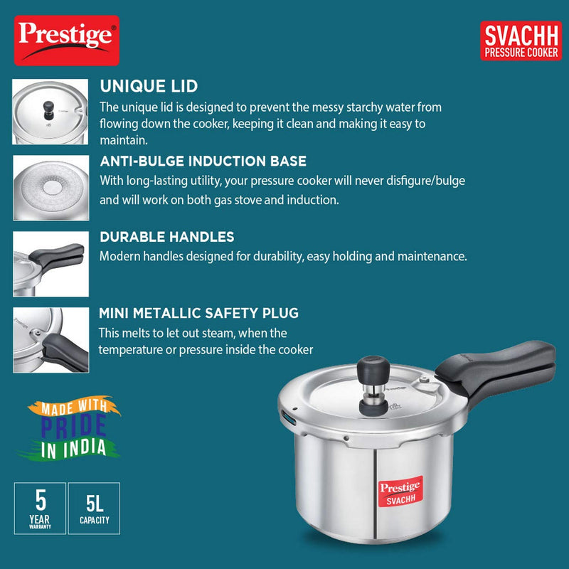 Prestige Svachh Aluminium Outer Lid Pressure Cooker, With Spillage Control, 5L, Silver