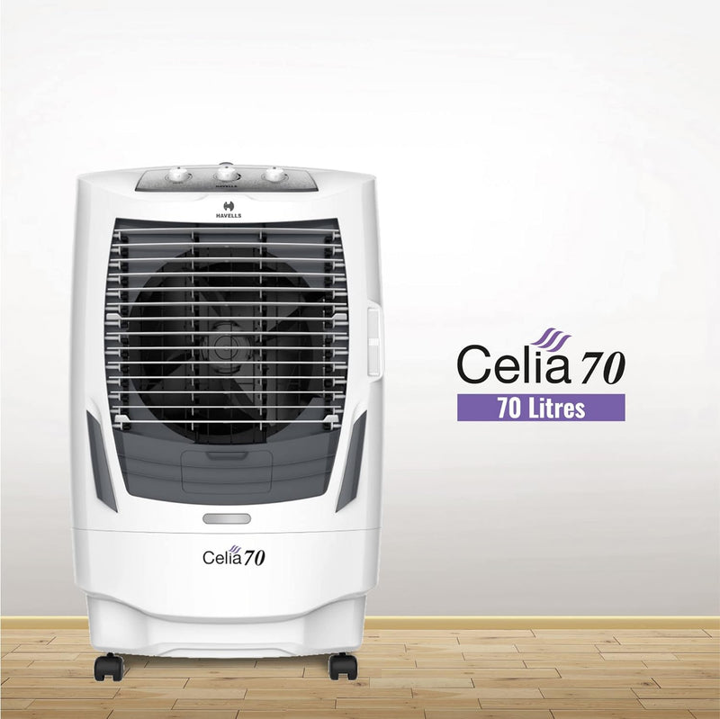Havells Celia 70L Air Cooler for home | Ice Chamber | Collapsible Louvers | 4 Leaf Metal Blade | Powerful Air Delivery | Everlast Pump | 3 Side High Density Honeycomb Pads