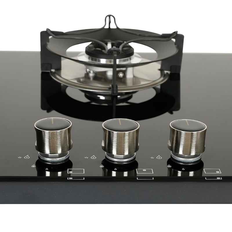 Faber Hob 3 Burner | Auto-Ignition | Spillage Proof | HOB SUPERIA HT763 BR AI | Concealed Chamber | Metal Knobs | Pan Support | Black Glass Finish