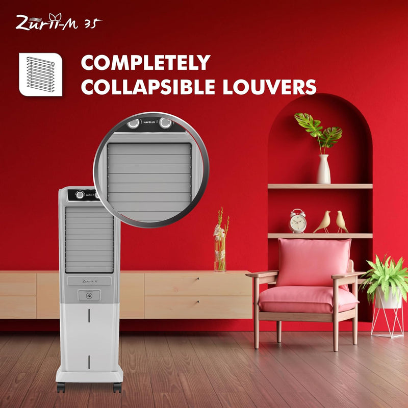 Havells Zurii-M 35 Litres Tower Cooler; Powerful Air-Delivery - 1250m3/hr; Fully Collapsible Louvers; Cord Winding Station at Rear; Bacteria Shield Honeycomb Pad Technology (35L, Grey & Light Grey)