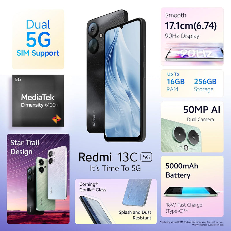 Redmi 13C 5G (Starlight Black, 8GB RAM, 256GB Storage) | MediaTek Dimensity 6100+ 5G, 90Hz Display