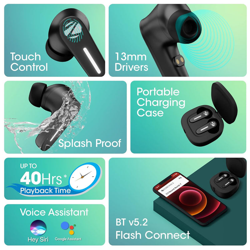 Zebronics Sound Bomb 7 Bluetooth TWS in Ear Earbuds with 40H Playtime, ENC Mic, Rapid Charge, Upto 50ms Gaming Mode, Flash Connect, Voice Assistant, Smooth Touch Control, BT v5.2, Type C (White)