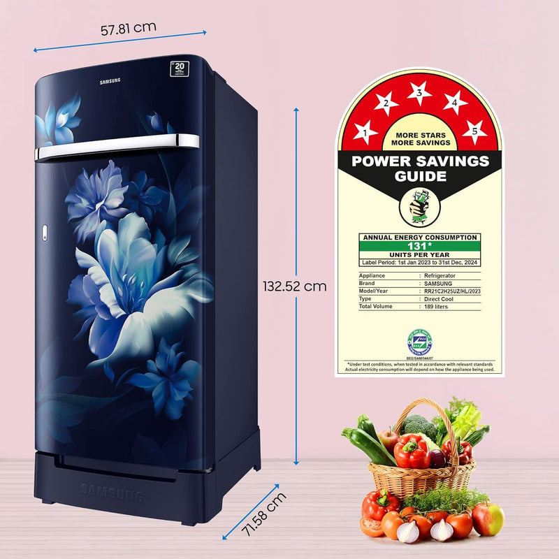 Samsung 189L 5 Star, Inverter, Direct-Cool Single Door Refrigerator (RR21C2H25UZ/HL,Midnight Blossom Blue) Base Stand Drawer, 2023 Model