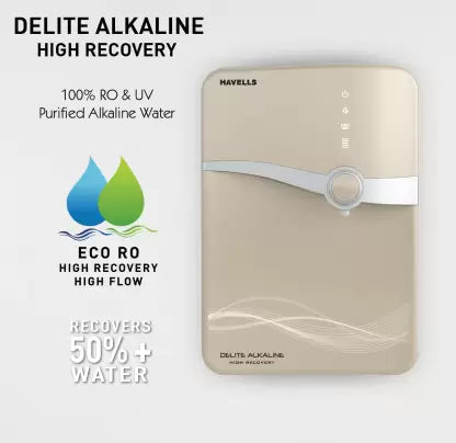 Havells Delite High Recovery 6.5 Litre Absolutely Safe RO+UV Purified Alkaline Water Purifier with 8 Stages, SS Tank with UV LED (Beige and White), Suitable for Borwell,Tanker, Municipal Water